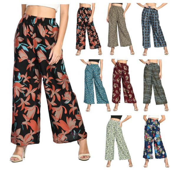 Women's Soft Cotton Blended Loose Fit Wide Leg Comfort Palazzo Printed Pants - Picture 6 of 16